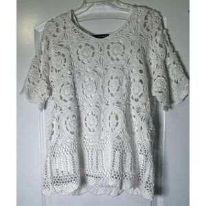 Denim 24/7 Crochet Lace Top Womens Medium 14/16 White Short Sleeve Pullover Boho